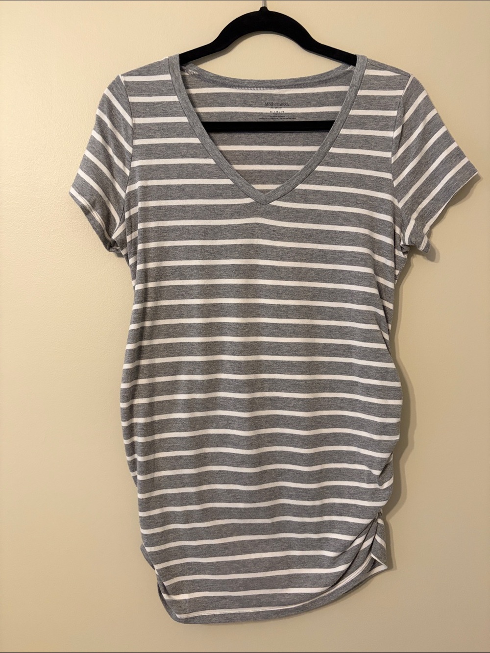 Motherhood Maternity Gray and White Striped V-Neck Maternity Tee